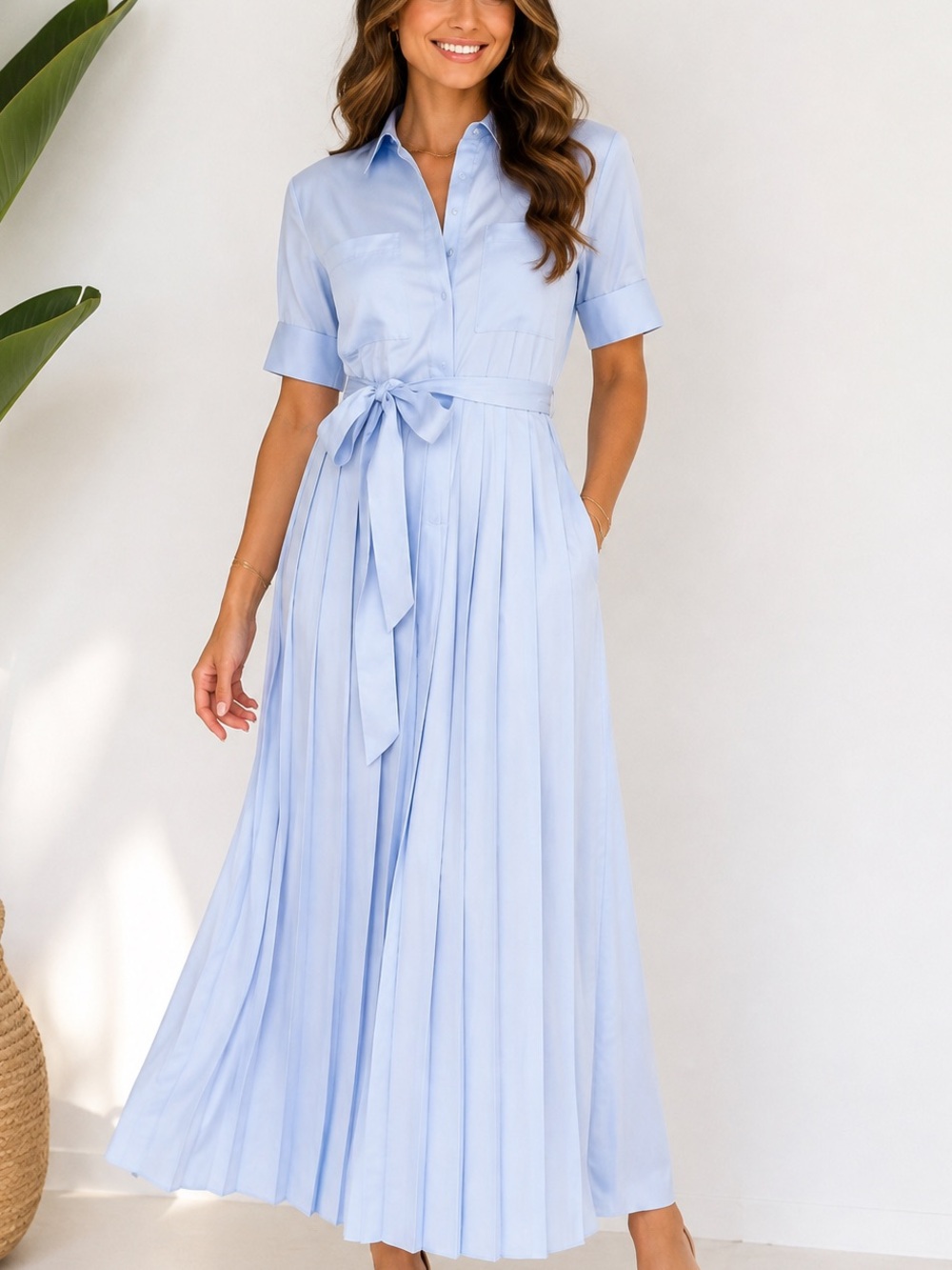 Light Blue Pleated Maxi Dress with Waist Tie